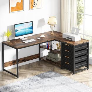 Tribesigns L Shaped Computer Desk With Storage Drawers, 59 Inch Corner Desk With Shelves, Reversible Desk Workstation Brown