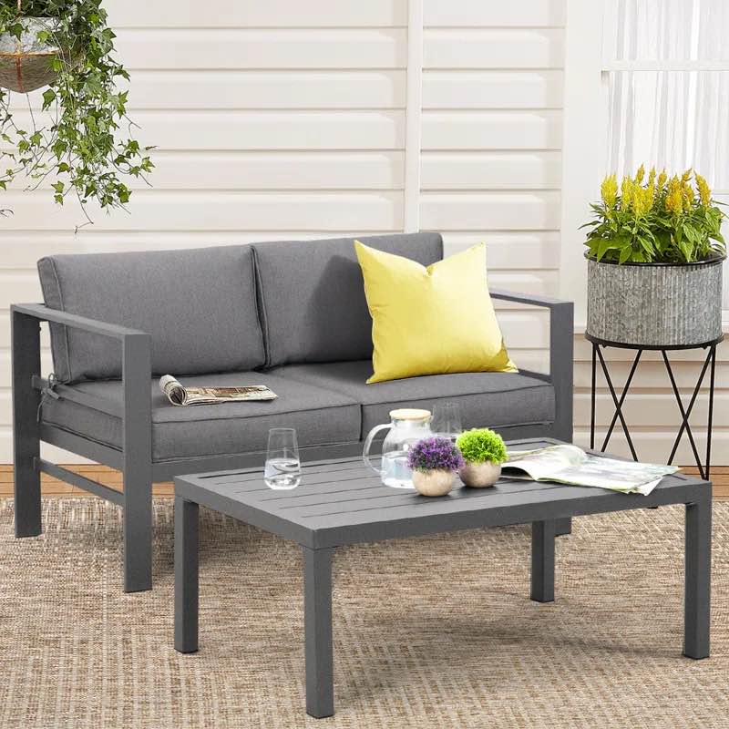 Aluminum Patio Furniture Set 2 Piece Outdoor Loveseat All-weather Garden Conversation Sofa Sets Aluminum Frame Chair And Coffee Table, Cushion