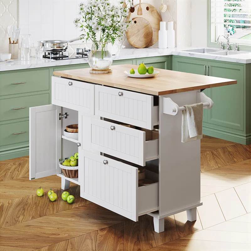 Kitchen Island Set With Drop Leaf And 2 Seatings,Dining Table Set With Storage Cabinet, Drawers And Towel Rack,island,coffee cart ( Box 2 of 2 Only)