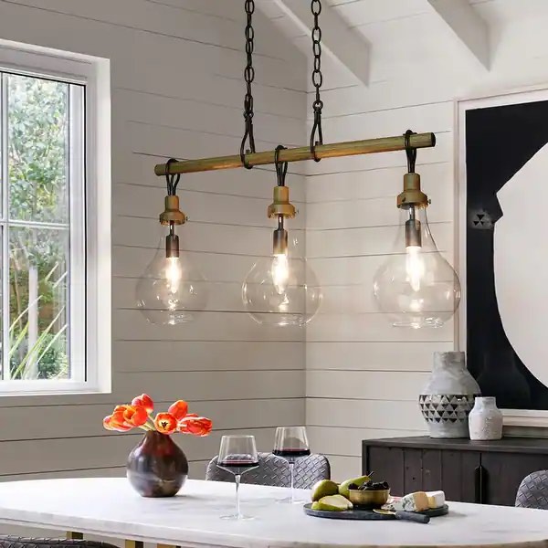 Farmhouse Rustic 3-Light Metal Modern Linear Island Chandelier Dining Room Linear Pendant with Droplet Glass - 26.5 inches