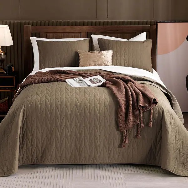 Wonderful Cotton Quilt Set 3 Piece Reversible - Light Brown/Khaki