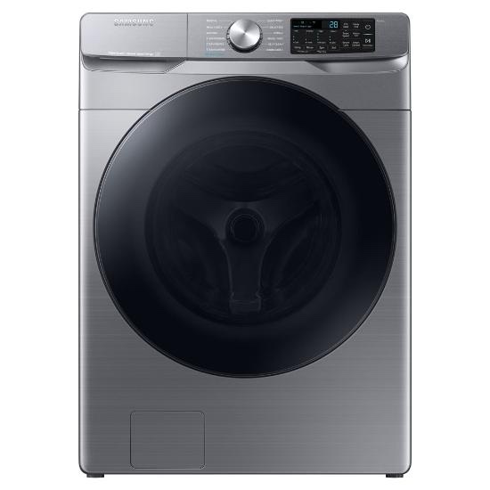  4.5 Cu. Ft. Large Capacity Smart Front Load Washer with Super Speed Wash in Platinum ( door is broken will need replaced, a few dents on right side)