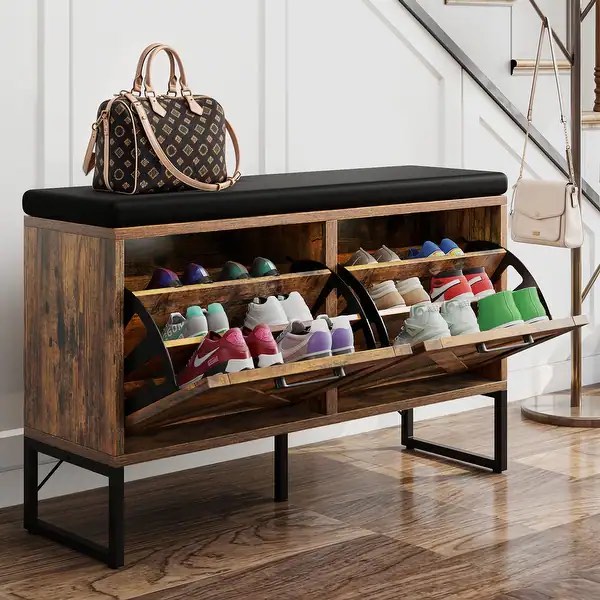 Moasis Farmhouse Cushioned Shoe Storage Bench Entryway Shoe Bench with 2 Flip Drawers - Brown