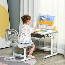 Qaba Kids Desk and Chair Set, Height Adjustable School Study Table and Chair, Student Writing Desk with Tilt Desktop, LED Light, Pen Box, Drawer, Reading Board, Cup Holder, and Pen Slots, Grey