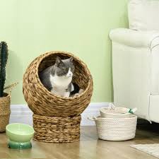 PawHut Handwoven Elevated Cat Bed with Soft Cushion & Cat Egg Chair Shape, Cat Basket Bed Kitty House with Stand, Raised Wicker Cat Bed for Indoor Cats, 23.5" H, Brown