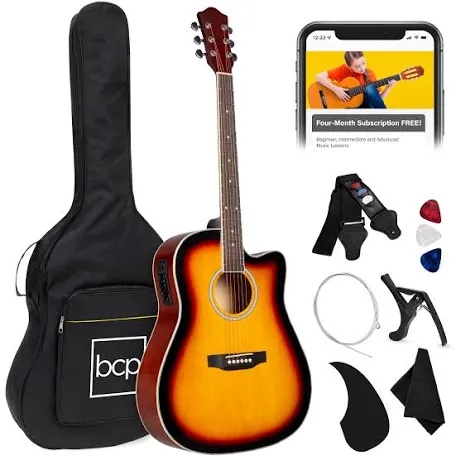 Best Choice Products Beginner Acoustic Electric Guitar Starter Set 41in w/ All Wood Cutaway Design  Case - Sunburst