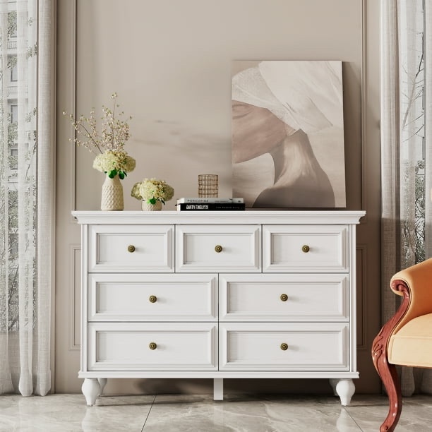 White Dresser, Modern Dresser for Bedroom, 7 Drawer Double Dresser with Wide Drawer and Metal Handles, Wood Dressers & Chests of Drawers for Hallway, Entryway