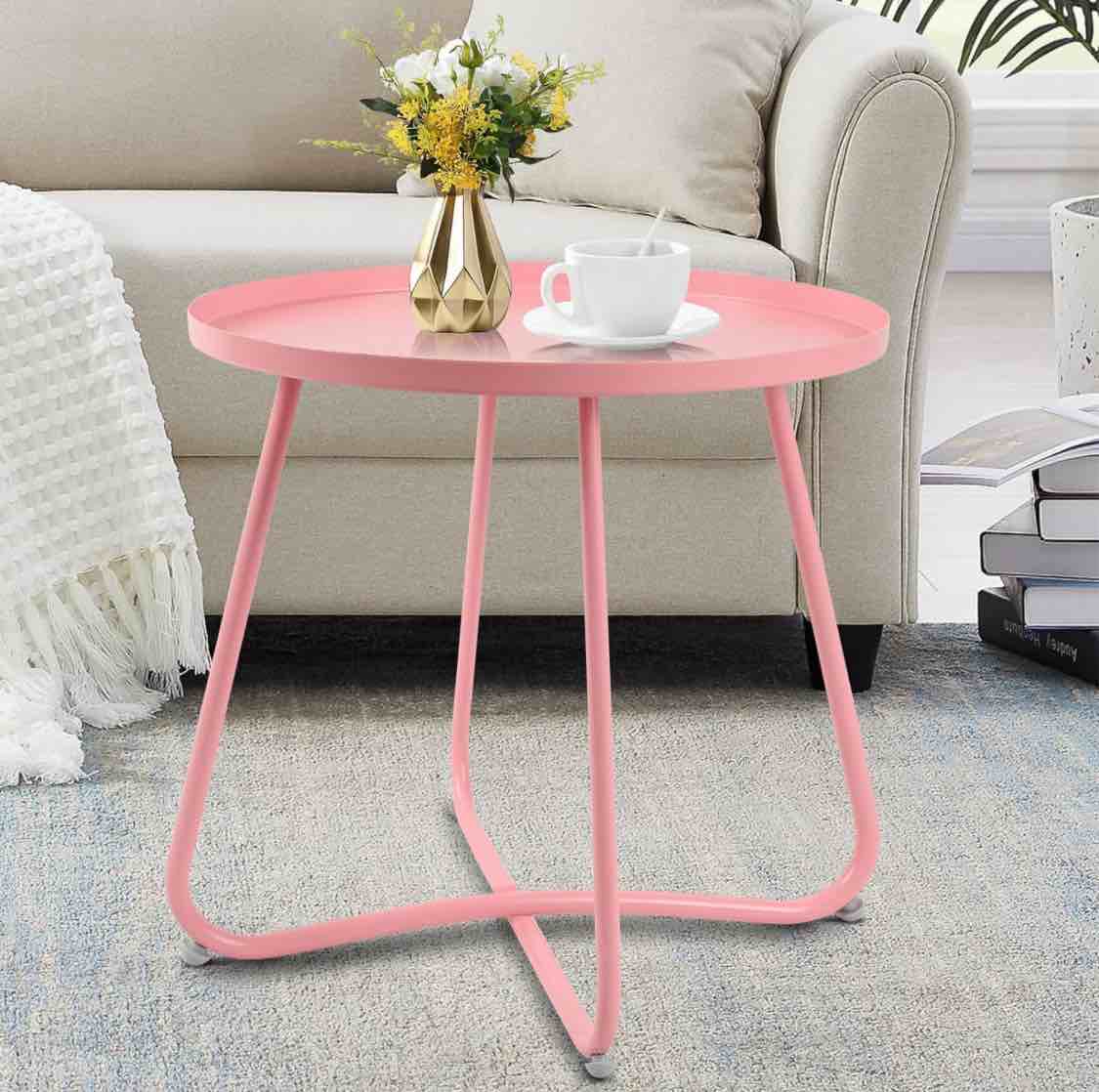 Danpinera Outdoor Side Tables, Weather Resistant Steel Patio Side Table, Small Round Outdoor End Table Metal Side Table for Patio Yard Balcony Garden Bedside Pink