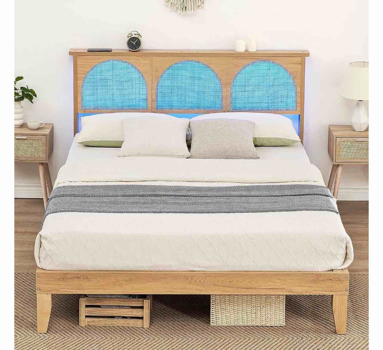 WhizMax 12.4 Inch Deluxe Wood Queen Size Bed Frame with Natural Rattan Headboard No Box Spring Needed, Strong Wood Slat Support