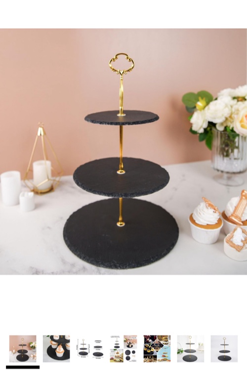 Efavormart 15" | 3-Tier Black Rustic Cupcake Stand | Stone Plates Cake Dessert Display | Round with Gold Pole