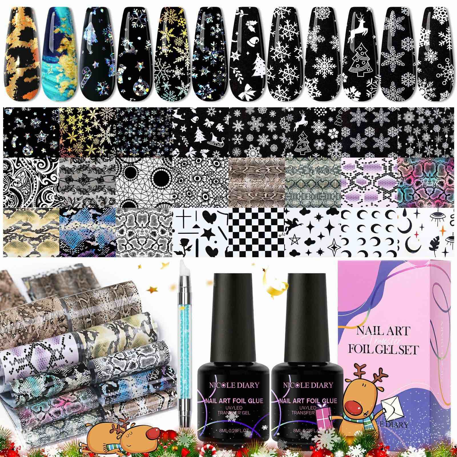Nail Foil Transfer Stickers Kit - NICOLE DIARY 60 Sheet Nail Art Halloween Nail Stickers Full Nail Wraps for DIY Manicure, Easter Day, Include Sculpture Pen, 2 Bottle Nail Art Foil Gel Glue