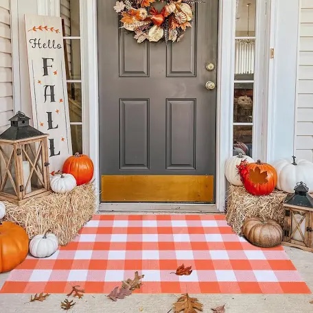 EARTHALL Buffalo Plaid Outdoor Rug Orange and White 3'x 5', Cotton Hand-Woven Checkered Fall Door Mat, Reversible Foldable Washable Outdoor Rug for Layered Door Mats Porch/Front Door (35.4''x59'')
