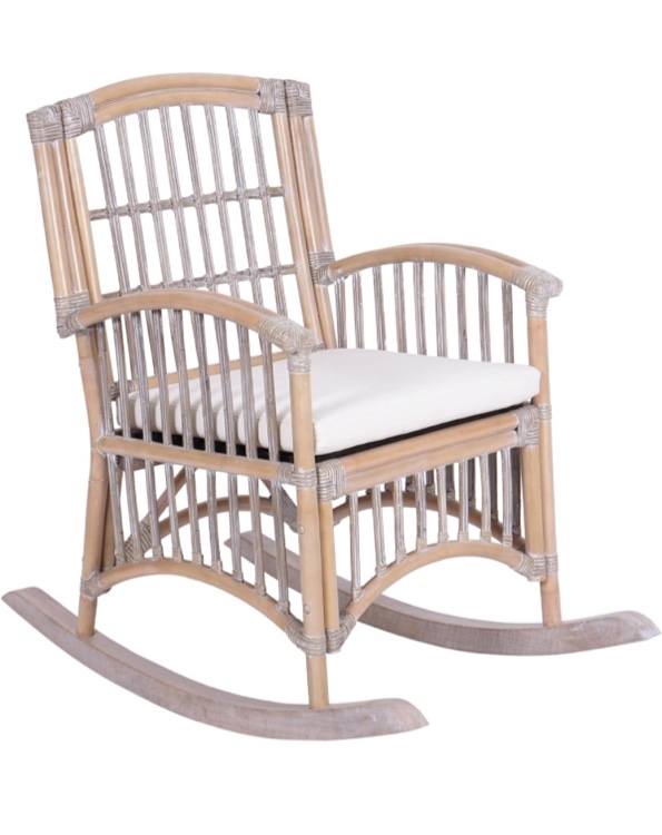 JONATHAN Y RCK200B Swayze Bohemian Farmhouse Woven Rattan/Wood Rocking Chair White Cushion with Gray/White Wash Frame for Home, Living Room, Bedroom, Guestroom, Foyer, Library