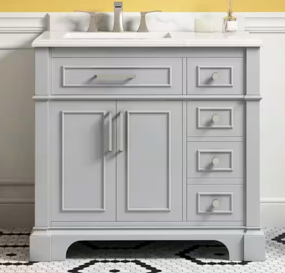 Melpark 36 in. W x 22 in. D x 34 in. H Single Sink Bath Vanity in Dove Gray with White Engineered Marble Top