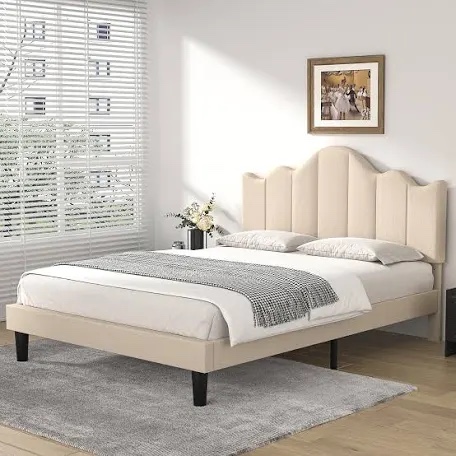 Queen Size VECELO Upholstered Platform Bed Frame with Adjustable Headboard, Wood Slat Support and Noise-Free, No Box Spring Needed, Easy Assembly