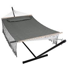 ANOW Double Hammock with Tassels and 12FT Heavy Duty Steel Stand Included, 2 Person Hammock with Stand for Outdoors, Patio, 450 LBS Weight Capacity, Gray