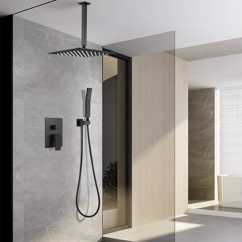 Kelmuel Matte Black Ceiling Mount 16 Inch Shower System Mixer Shower Combo Set Rainfall Shower Head Bathroom Shower Faucet Set with Handheld Spray Rough-in Valve Body and Trim