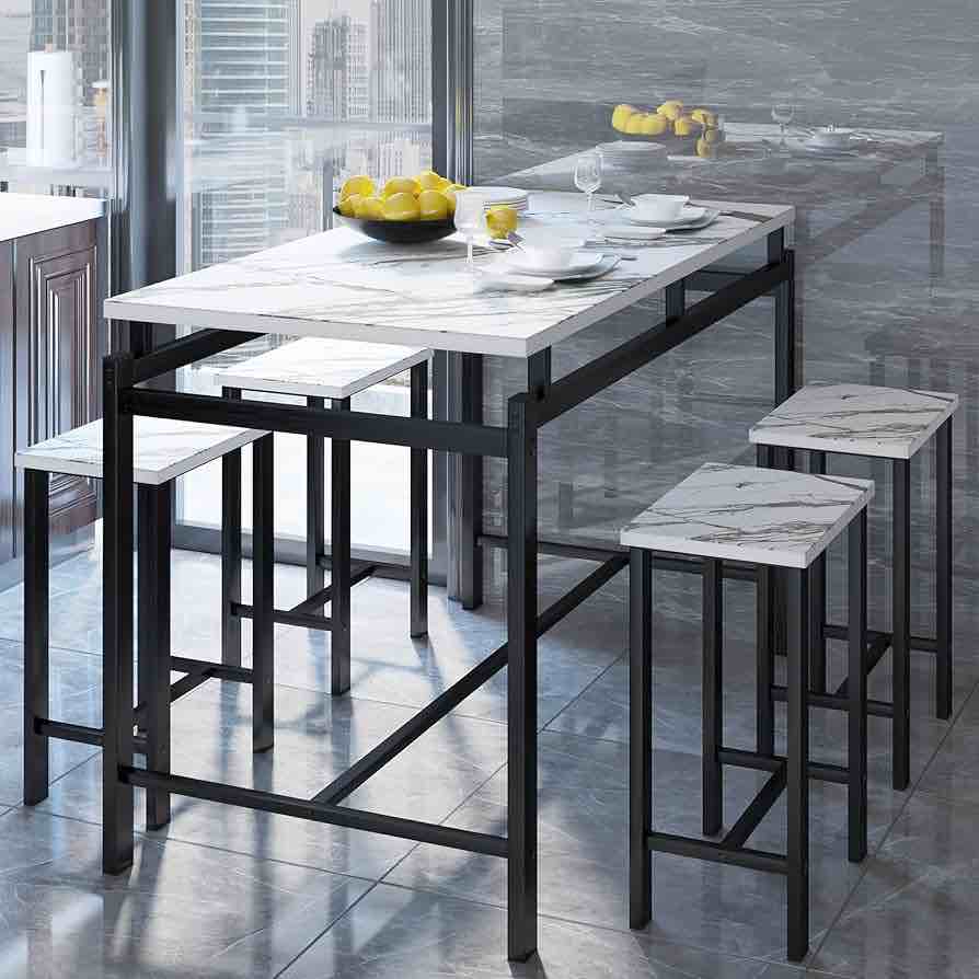 Dining Table Set for 4, 5 Pieces Kitchen Table and Chairs for Small Spaces, Bar Table and Chairs Set, Person Counter Height Table Set with 4 Chairs for Pub Restaurant Dinner Breakfast(White Statuario)