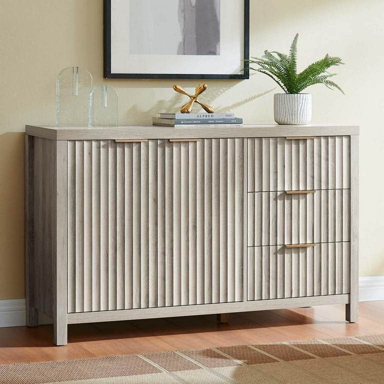 OAKHAM Fluted Sideboard Buffet Cabinet with 2 Doors and 3 Drawers, Modern Credenza with Adjustable Shelves, Accent Cabinet Console, Sunwashed Ash Oak