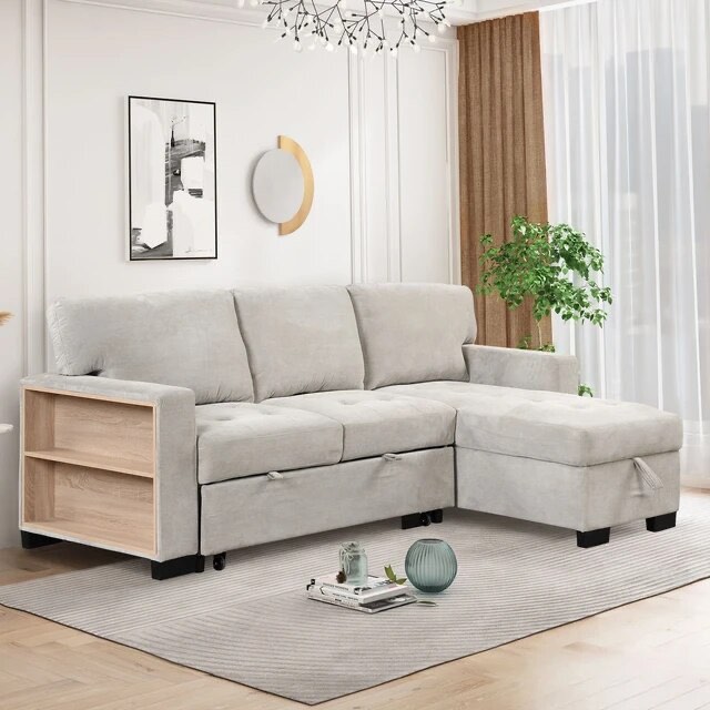 Stylish and Functional Light Chaise Lounge Sectional with Storage Rack Pull-out Bed Drop Down Table and USB Charger WF304306AAE