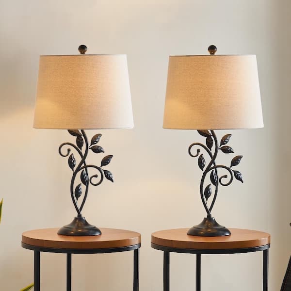 Maxax Chicago 26 in. Black Bedside Table Lamp with Oatmeal Flax Lampshade (Set of 2) T04-OATMEAL