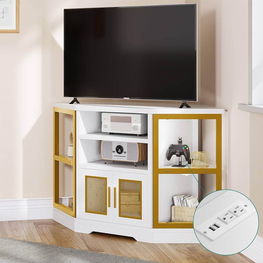 YITAHOME 50 Inches Corner TV Stand w/Power Outlet, Entertainment Center TV Media Console Table with 6 Open Storage Shelve for Living Room, Bedroom, Industrial Corner TV Stand, 47" White and gold 