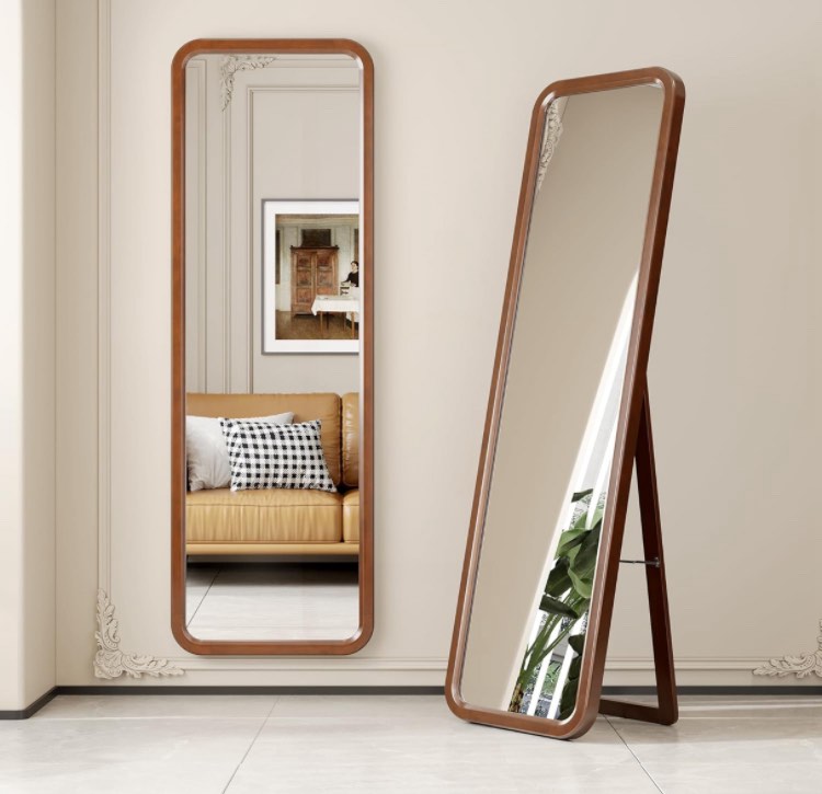 dnbss 63"×18" Wooden Full Length Mirror, Solid Wood Frame Full Body Mirror, Standing Floor Mirror, Stand or Wall-Mounted Mirror, Dressing Mirror for Bedroom, Rustic Mirror, Walnut