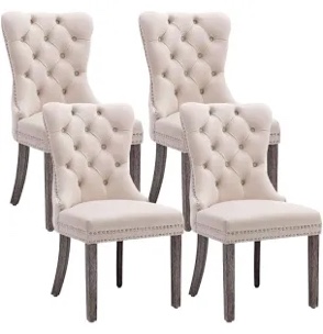 Eifizek Velvet Dining Chair Set of 4, Tufted Dining Room Chairs with Nailhead Ring Pull Trim, Upholstered Dining Chairs with Solid Wood Legs for Kitchen Dining Room (Beige)