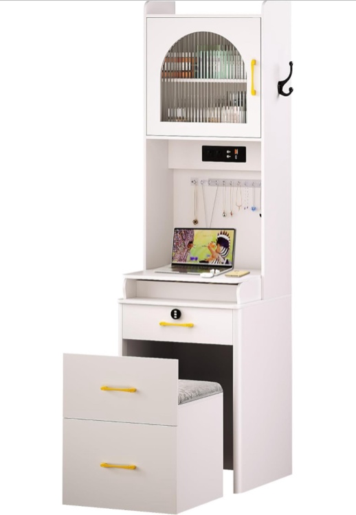 Small Vanity Desk with Mirror and Lights, Makeup Vanity Table with Drawers for Small Space, Compact Mini Corner Vanity Set Dressing Table - Charging Station & Human Motion Sensing for Bedroom (White)- PIECES MISSING