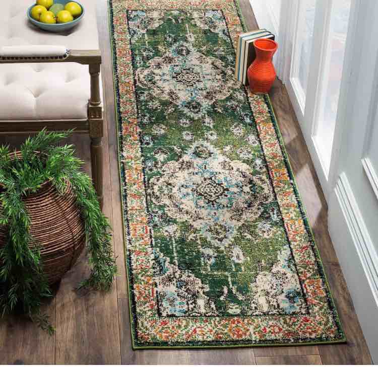 SAFAVIEH Monaco Collection Runner Rug - 2'2" x 14', Forest Green & Light Blue, Medallion Distressed Design, Non-Shedding & Easy Care, Ideal for High Traffic Areas in Living Room, Bedroom (MNC243F)