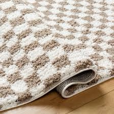 Cabble Rectangle Checkered Machine Woven Polyester Area Rug in Tan/White