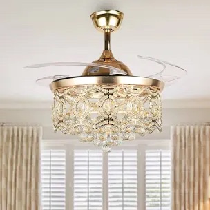 42 Inch 4 Retractable Blades Gold Crystal Ceiling Fan With Remote And Light Kit Included