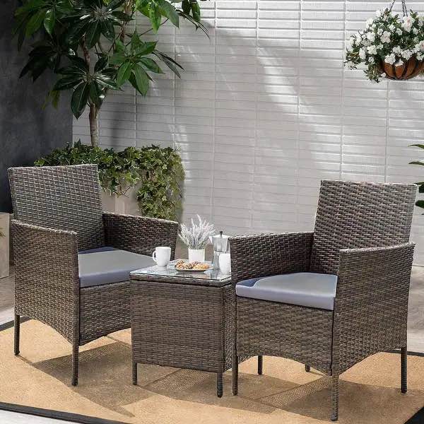 2 Pieces Patio Porch Furniture Sets PE Rattan Wicker Chairs Outdoor Garden Furniture Sets - Brown/Grey