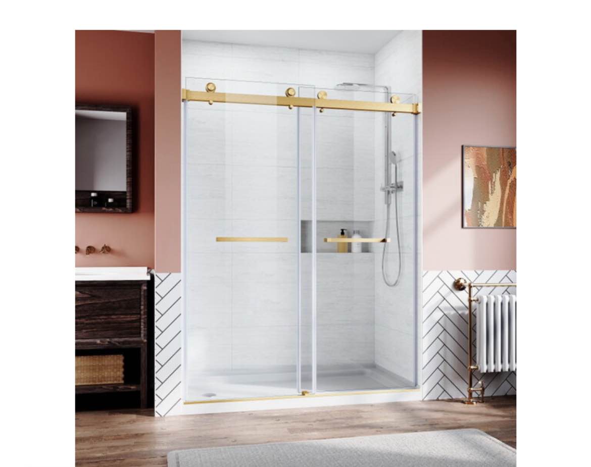 Frameless Sliding Shower Glass Door 56-60 in.W x 76 in. H,3/8"(10mm) Thick Clear Tempered Glass,Heavy Duty Stainless Steel Hardwares,Brushed Gold W2269P144310