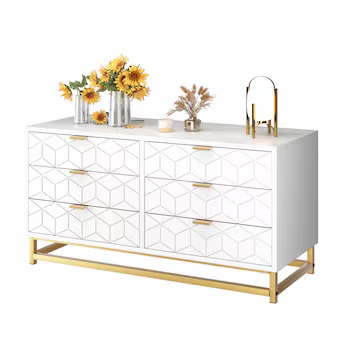 WhizMax White and Brass 6-Drawer Double Dresser