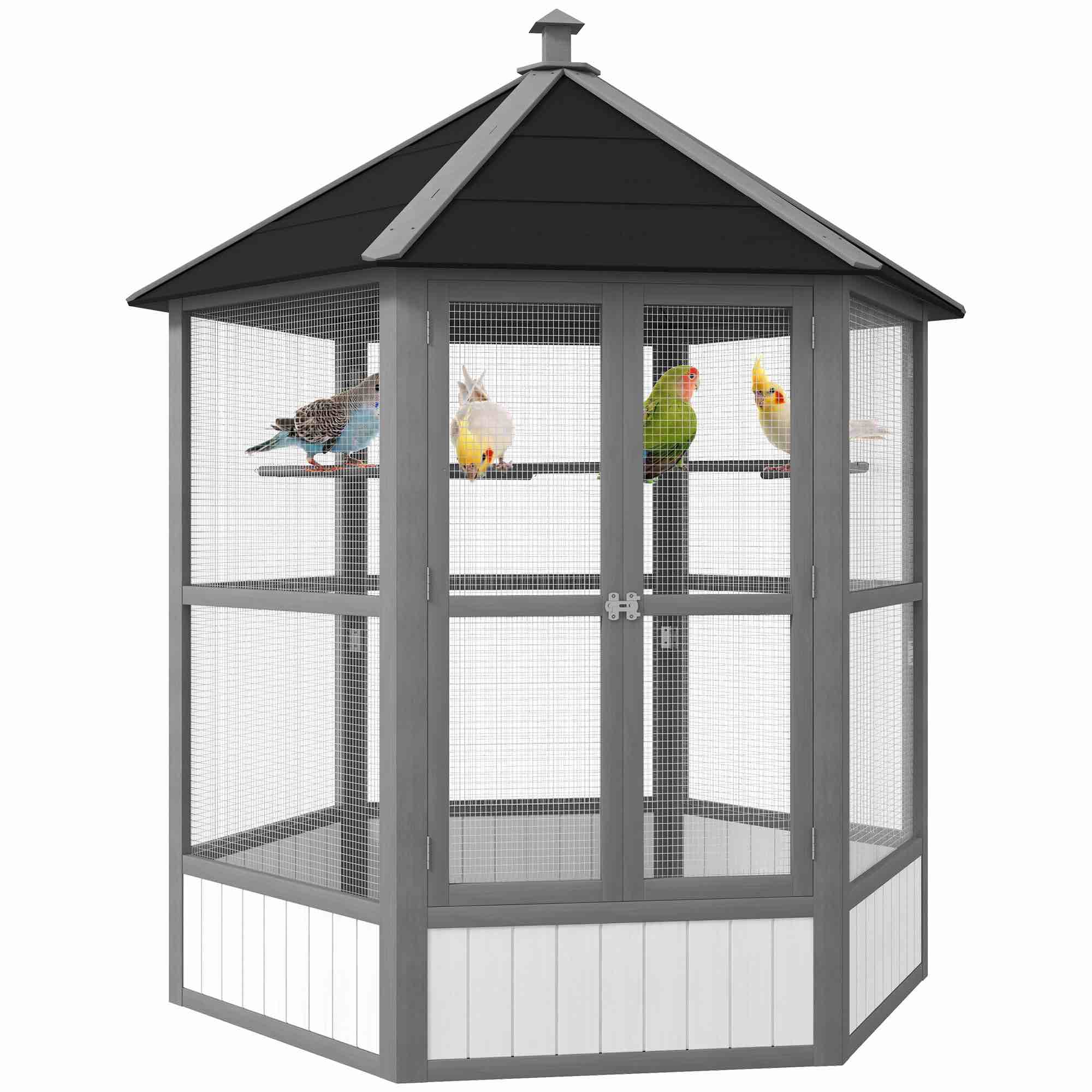 PawHut 69" Large Wooden Hexagonal Outdoor Aviary Flight Bird Cage with Covered Roof, Light Gray