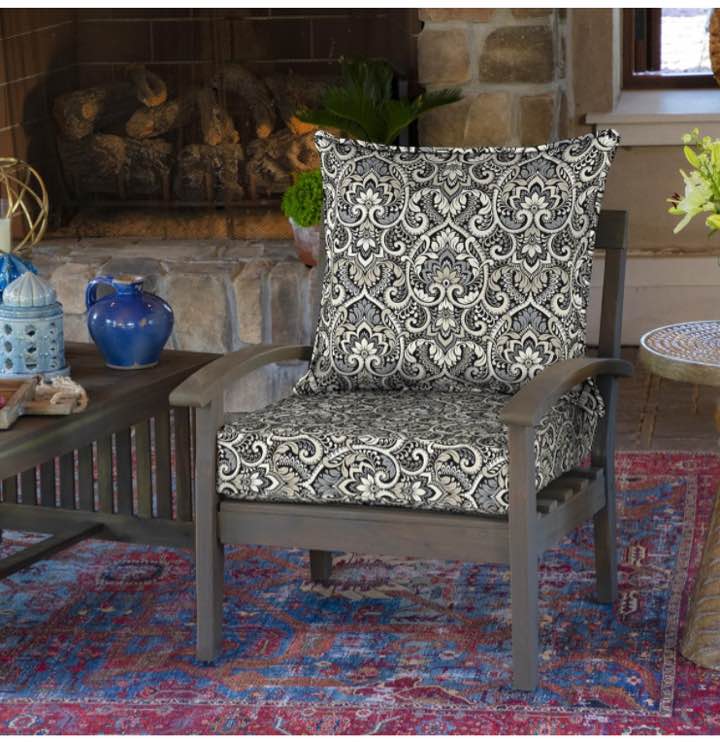 Arden Selections Outdoor Deep Seat Set, 24 x 24, Water Repellent, Fade Resistant, Deep Seat Bottom and Back Cushion 24 x 24, Black Aurora Damask