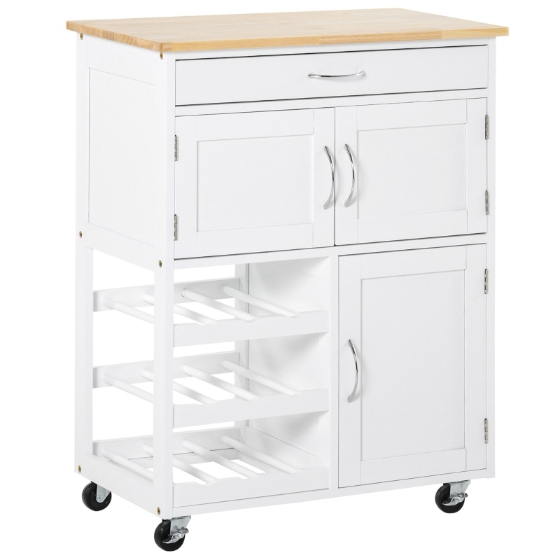 HOMCOM Rolling Kitchen Cart, Kitchen Island with Storage Drawer, 9-bottle Wine Rack, Door Cabinets, Wooden Countertop, White