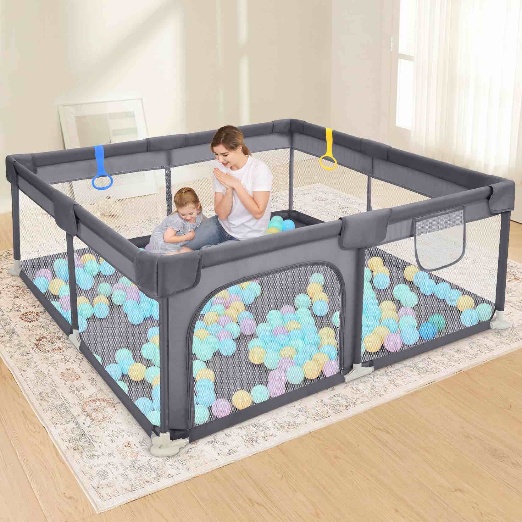 Dripex Baby Playpen, 50"×50" Play Pens for Babies and Toddlers, Safe Anti-Fall Play Yard with Gates, Baby Fence with Breathable Mesh, Indoor & Outdoor Kids Activity Center, Anchor Grey