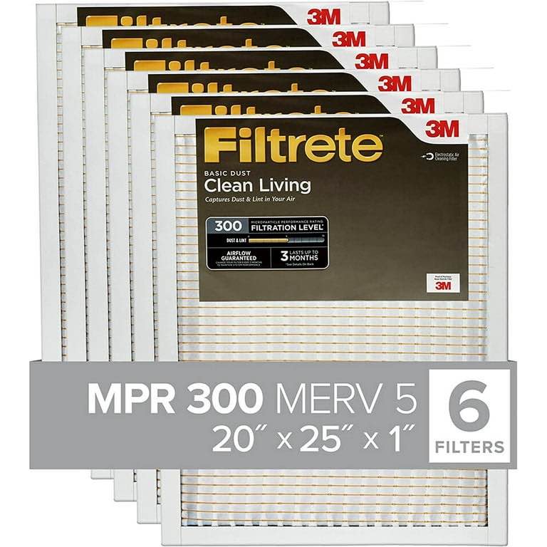 Filtrete 20x25x1, AC Furnace Air Filter, MPR 300, Clean Living Basic Dust, 6-Pack (exact dimensions 19.69 x 24.69 x 0.81) (B07FNXPGLG)