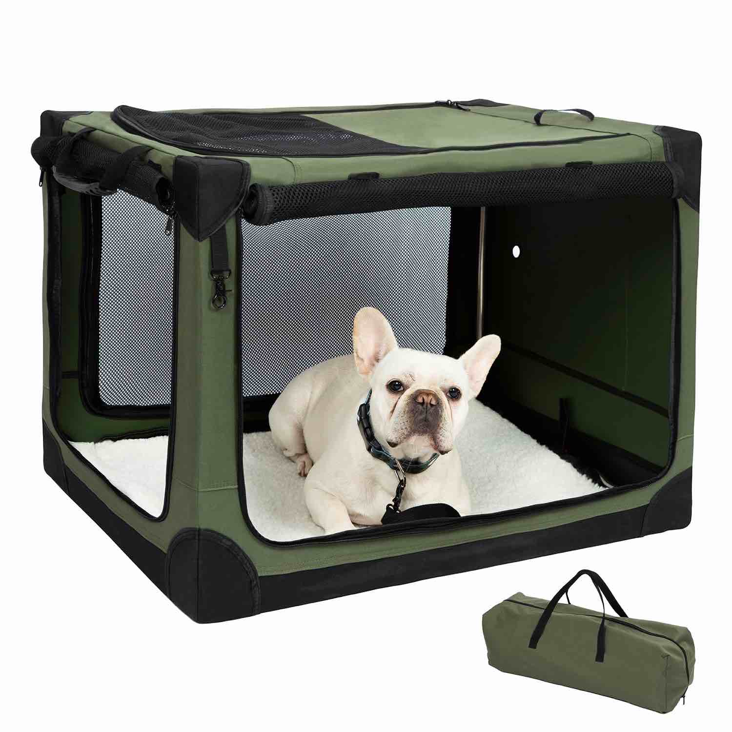30 Inch Stainless Steel Collapsible Dog Crate - Soft Dog Crates for Medium Dogs, 4-Door Soft Sided Dog Kennel, Portable Foldable Travel Crate with Durable Mesh, Indoor & Outdoor, Olive Green