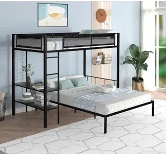 Tabaray Twin Over Full Bunk Bed,Bunk Bed Frame with Shelves and Grid Panel,L Shaped Bunk Bed for Children Boys Girls Teens Adults,Can Be Convertible Into 2 Beds,Black