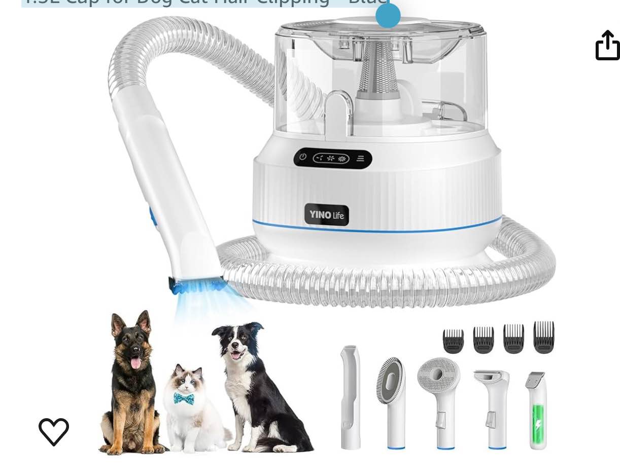 Dog Grooming Vacuum Kit, 13Kpa Stronger Suction 99.9% Pet Hair Fur Vacuum for Shedding with 5 Pro Grooming Tools, Lower Noise & 1.5L Cup for Dog Cat Hair Clipping - Blue