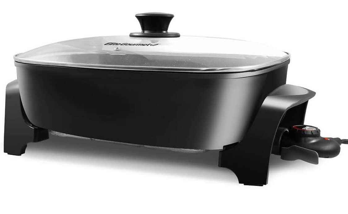 Elite Gourmet EG-6203# Extra Deep 16"x13"x3.2" (10.5Qt.) Scratch Resistant, Easy Pour Spout Dishwasher Safe, Non-stick Electric Skillet with Glass Vented Lid, Adjustable Temperature, Black