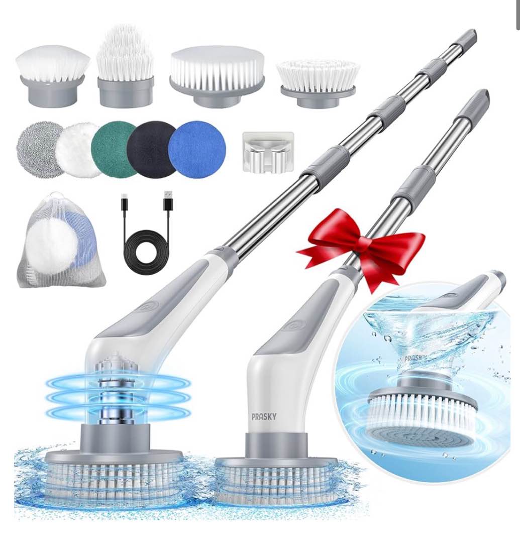 Electric Spin Scrubber, Cordless IPX8 Shower Scrubber with 9 Replacement Heads and 4 Tier Removable Handles, Dual Speed Extendable Spin Brush for Cleaning Bathroom, Tub, Tile