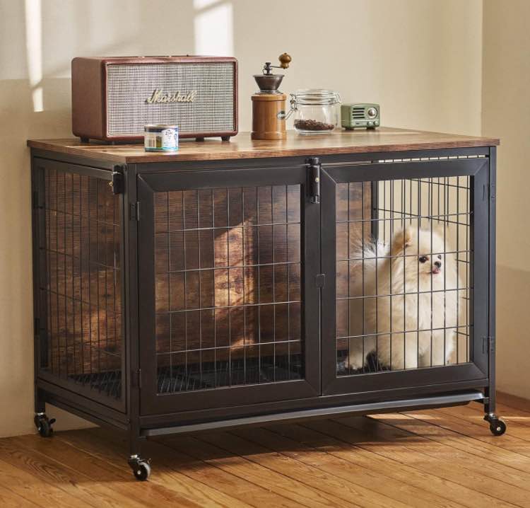 VONLUCE Dog Crate for Large Medium Dogs, 37 Inch Modern Dog Crate End Table with Wooden Topper Triple Doors Locks Heavy Duty Metal Frame Litter Tray Wheels, Indoor Pet Dog Kennel House Furniture Cage