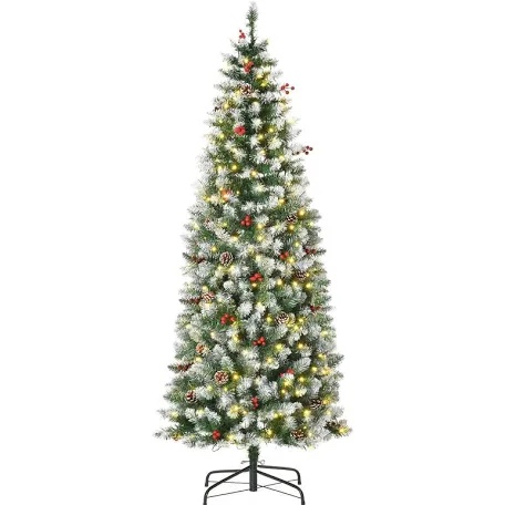 HOMCOM 6ft Prelit Snow - Dipped Artificial Christmas Tree with LED Lights, Pine Cones, Red Berries, Branch Tips - Green