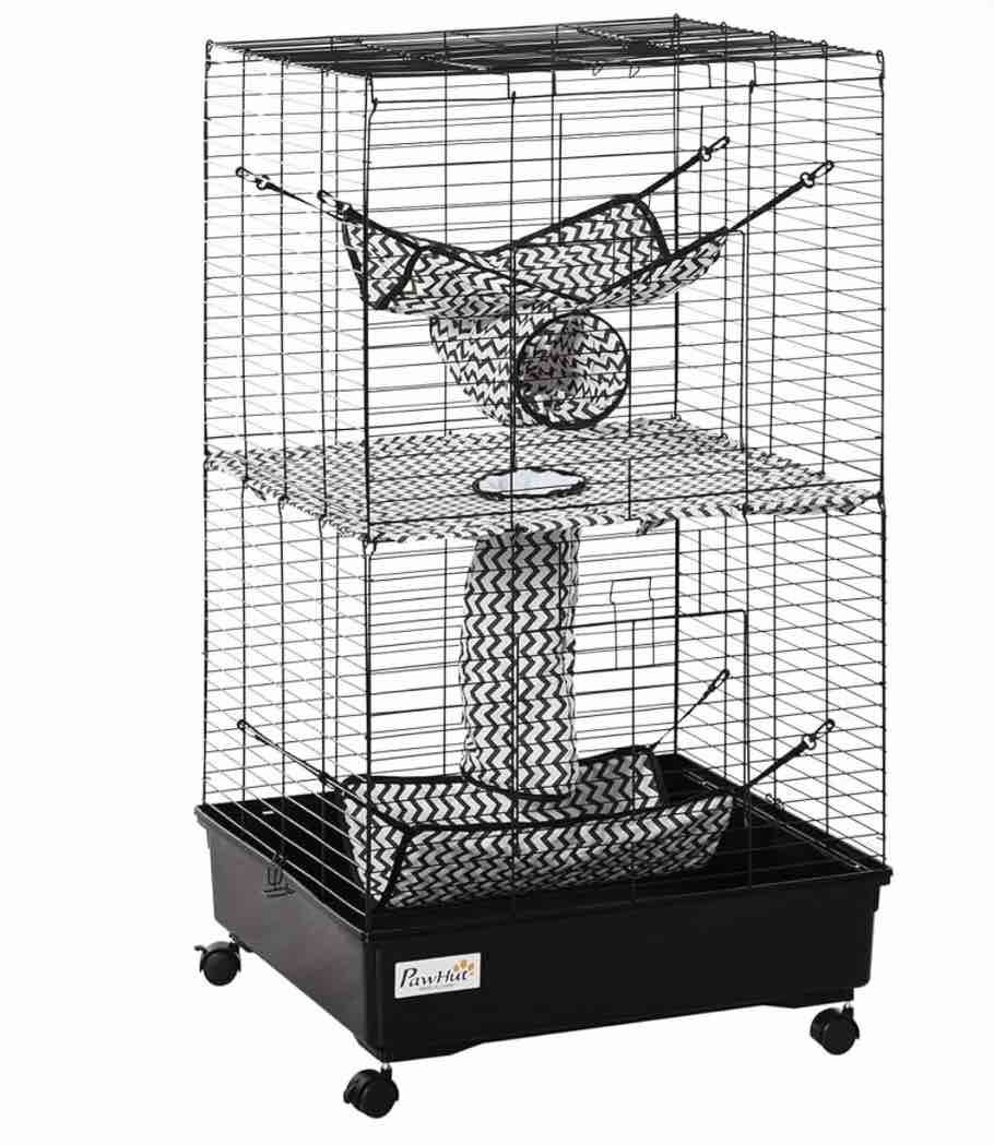 PawHut 42" Ferret Cage, Small Animal Habitat Metal Pet Cage with Wheels Brakes, Hammocks, Hanging Tunnels, and 3 Doors, Black