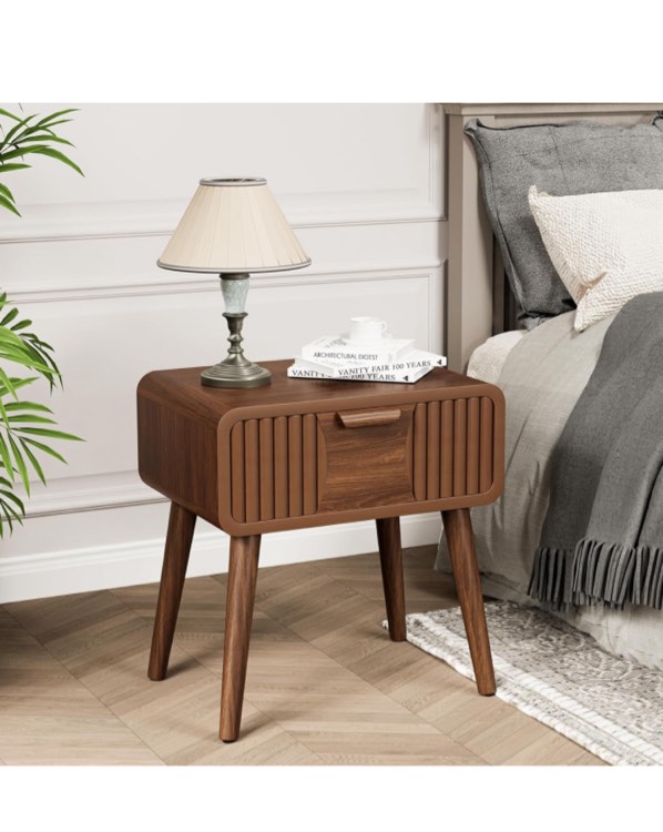 Walker Edison Mid-Century Solid Wood Retro 1-Drawer Nightstand, 25 Inch, Walnut