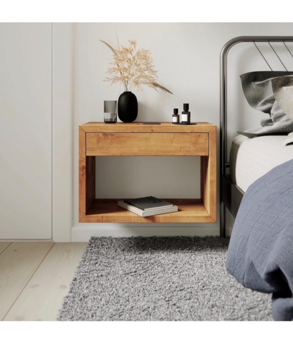 Nightstand Floating Solid Oak with A Drawer Beige Scandinavian Wood Finish Handmade